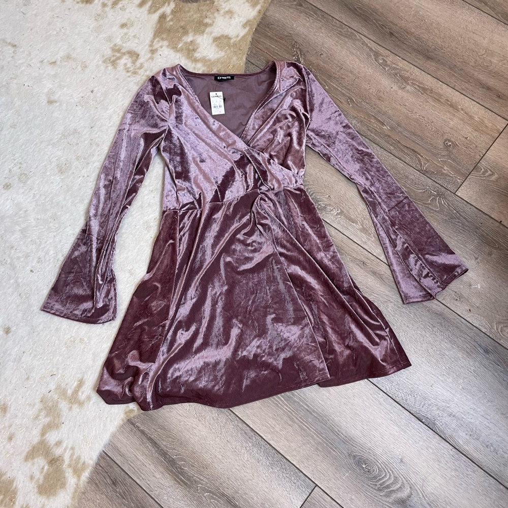 Express purple velvet wrap ribbed skater dress - Picture 1 of 4